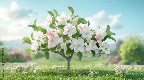 Vibrant apple trees blooming with white flowers in spring, apple tree blossoms, fresh seasonal growth photo