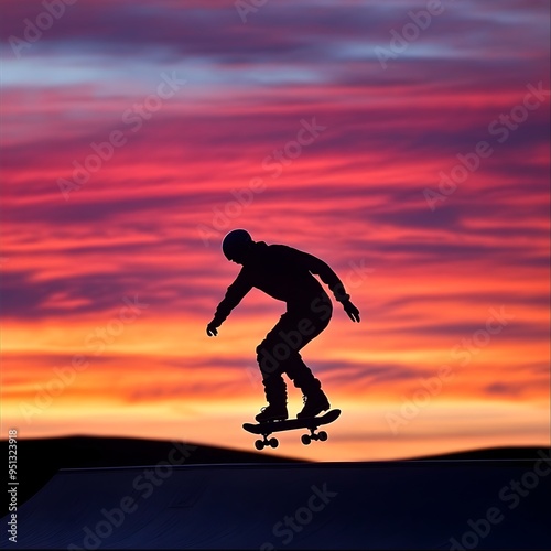 Silhouetted Skater Defies Gravity Against a Vibrant Sunset Backdrop