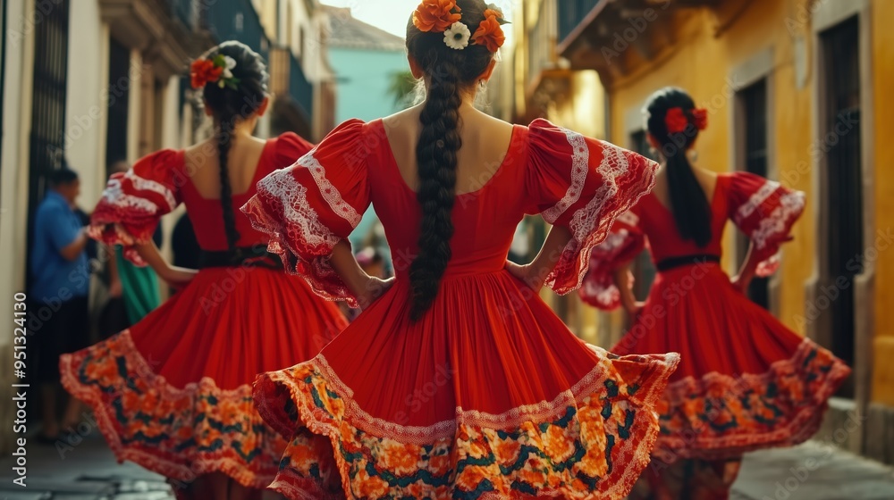 A vibrant group of Mexican women in traditional floral-patterned red and orange dresses, dancing joyfully on a lively street surrounded by colorful buildings. The close-up captures the intricate textu A vibrant group of Mexican women in traditional floral-patterned red and orange dresses, dancing joyfully on a lively street surrounded by colorful buildings. The close-up captures the intricate textu