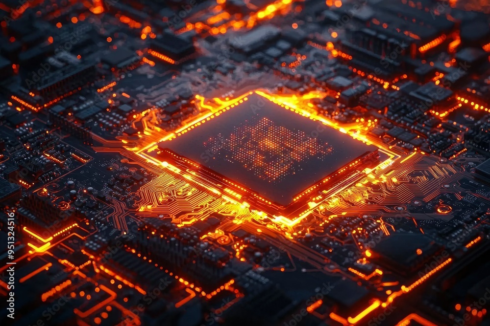 Glowing Orange Circuit Board with Central Processor Glowing Orange Circuit Board with Central Processor