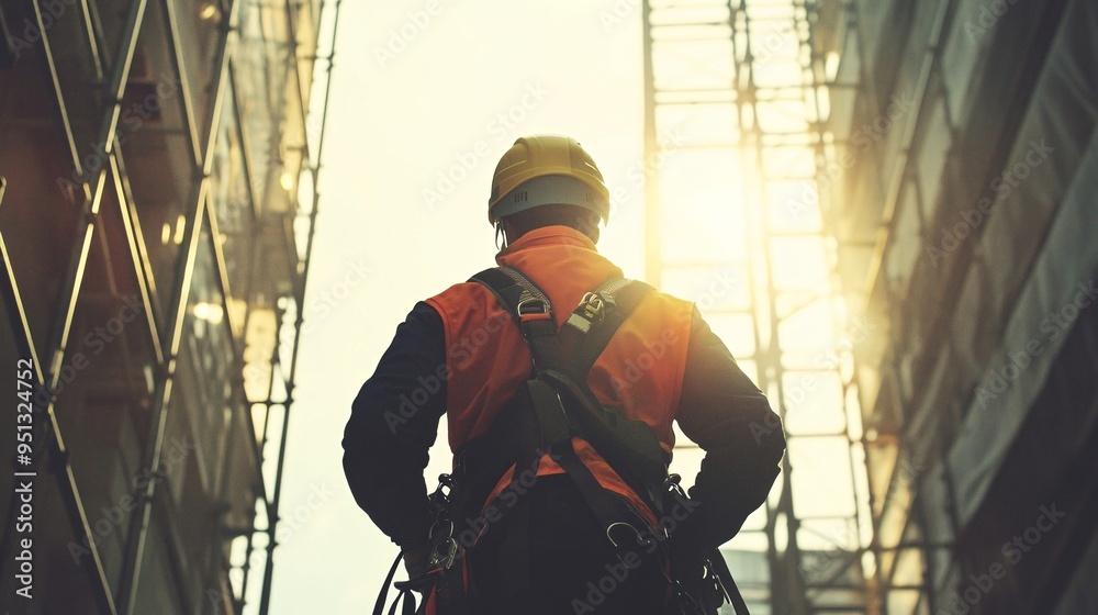 Fototapeta premium Worker inspecting the safety harness before climbing scaffolding