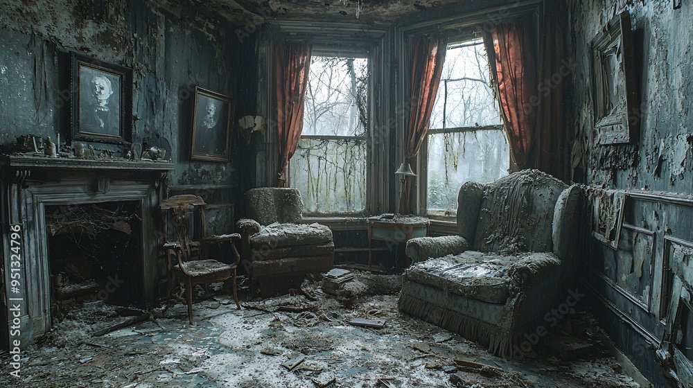 Spooky interior of a haunted house with ghostly light and eerie atmosphere, perfect for Halloween-themed designs with copy space. Spooky interior of a haunted house with ghostly light and eerie atmosphere, perfect for Halloween-themed designs with copy space.