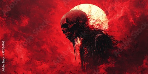 A haunting skull silhouette against a fiery red sun, perfect for Halloween-themed death metal music festivals, album covers, and promotional materials with copy space.