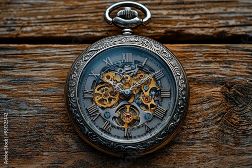 Antique Silver Pocket Watch with Exposed Gearwork on Wooden Surface photo