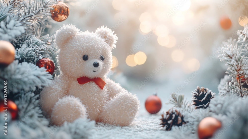 Cute teddy bear with a pink bow hanging on a Christmas tree adorned with pink baubles and festive lights. Cute teddy bear with a pink bow hanging on a Christmas tree adorned with pink baubles and festive lights.