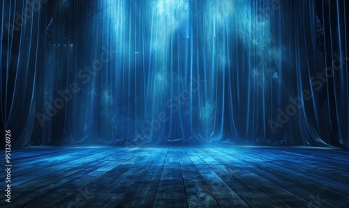 Blue Curtains and Wooden Floor with Fog