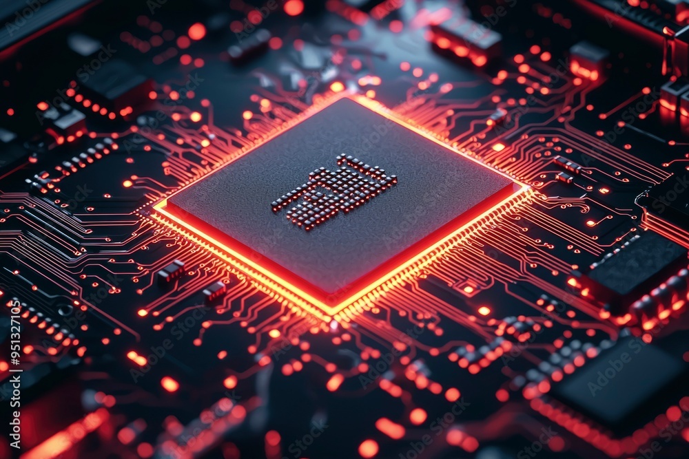 Glowing Red Circuit Board with a Microchip Glowing Red Circuit Board with a Microchip