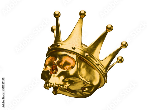Happy Halloween, Monarchy and Dead King concept theme with a gold metal human skull wearing a shiny gold crown isolated on black background with high contrast and a clip path cut out