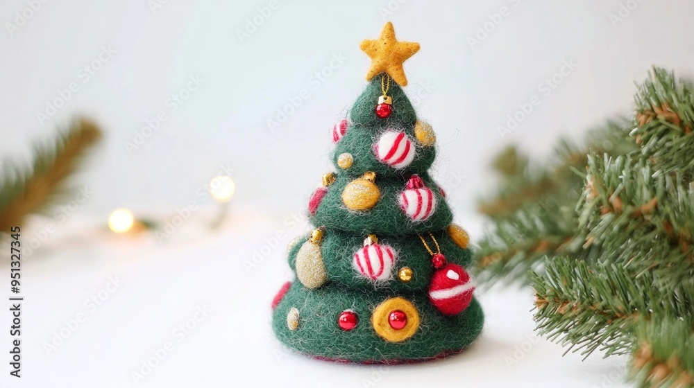 Small felt Christmas tree with red, gold, and white ornaments, topped with a star. A festive and cute holiday decoration on a white background. Small felt Christmas tree with red, gold, and white ornaments, topped with a star. A festive and cute holiday decoration on a white background.