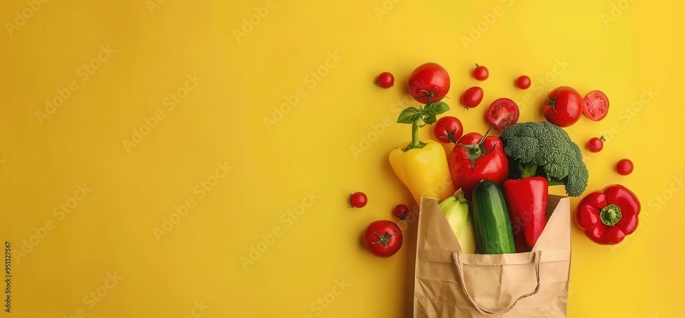 Fresh Produce Spilling from a Paper Bag on a Yellow Background Fresh Produce Spilling from a Paper Bag on a Yellow Background