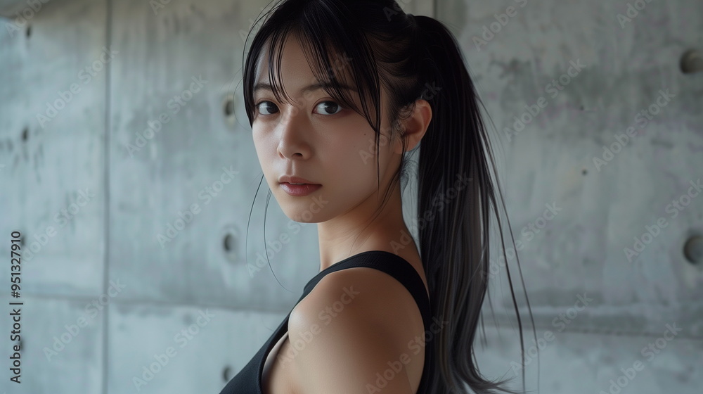 ポニーテールの若いファションモデルの女性 ポニーテールの若いファションモデルの女性