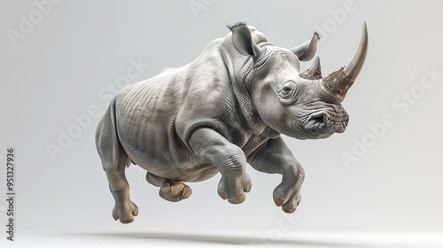 A rhino is jumping in front of a white background photo