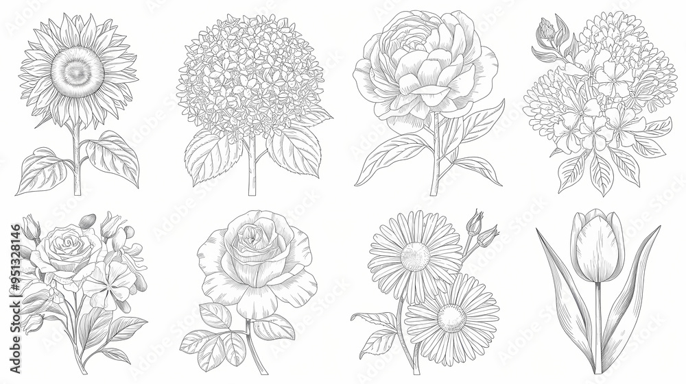 Fototapeta premium set of bookmark illustration diy coloring page , cute flowers, leaves and plants line drawing 