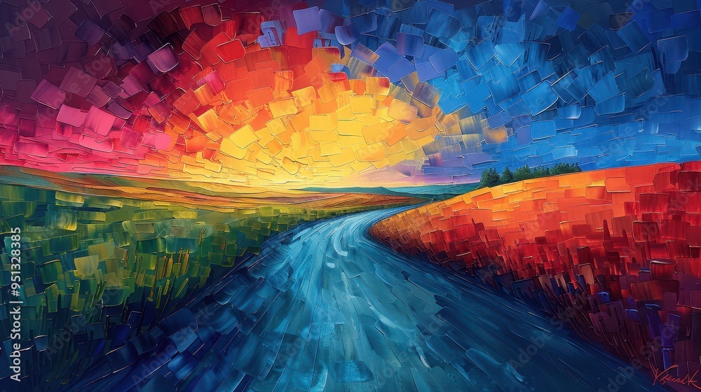 Fototapeta premium Abstract Landscape Painting with a Winding Road, Sunset, and Blue Sky