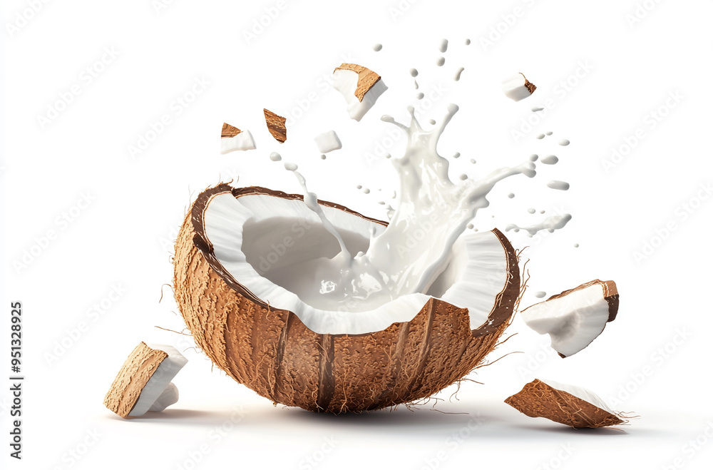 coconut shell is broken into pieces with a milk splash coconut shell is broken into pieces with a milk splash