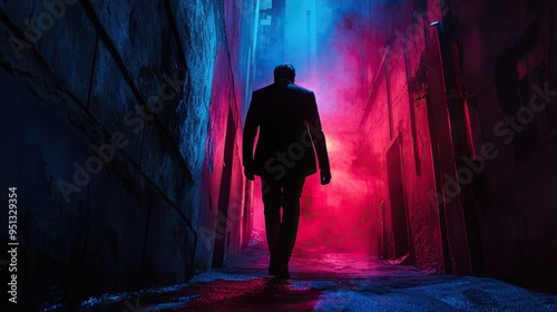 Mysterious man in a shadowy alley engaged in corrupt dealings under neon lights, tense atmosphere, secrets and intrigue, dark tones photo