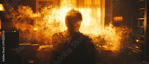 Enigmatic figure in a dimly lit room conducting shady transactions, smoke curling, a sense of danger, hidden agendas photo