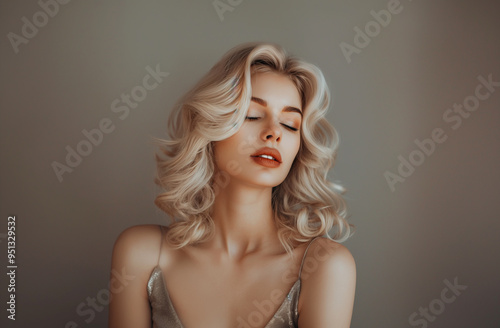 Beautiful blonde woman with wavy hair in a silver dress posing against a gray background.