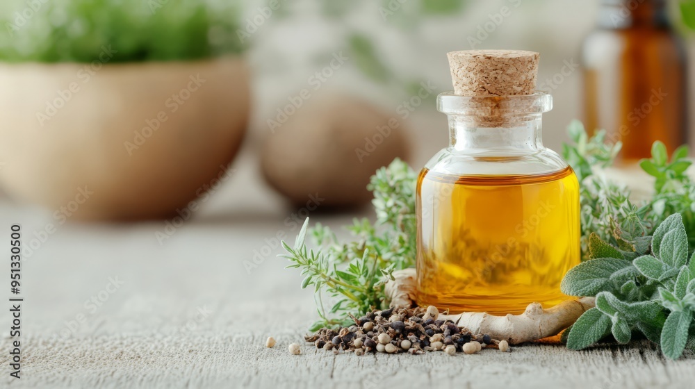 An elegant glass bottle filled with herbal oil surrounded by fresh herbs and seeds, perfect for wellness and natural remedies. An elegant glass bottle filled with herbal oil surrounded by fresh herbs and seeds, perfect for wellness and natural remedies.