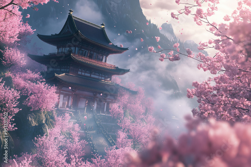 Cherry Blossoms Drifting Over a Temple in Spring’s Verdant Bloom