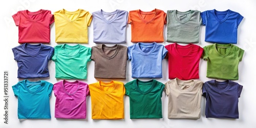 Assorted colorful blank t-shirts with various fold styles and angles on white backgrounds, ready for custom designs and artwork in a modern studio setting. photo