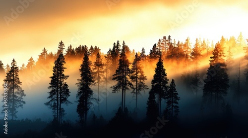 A serene morning mist enveloping a dense forest with tall, shadowy trees partially obscured by fog, soft, diffused light filtering through the mist and creating an ethereal atmosphere