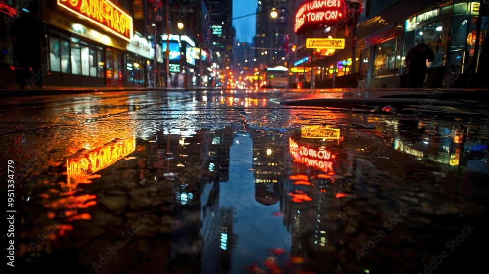 Neon lights from street signs and storefronts reflect on the wet ...