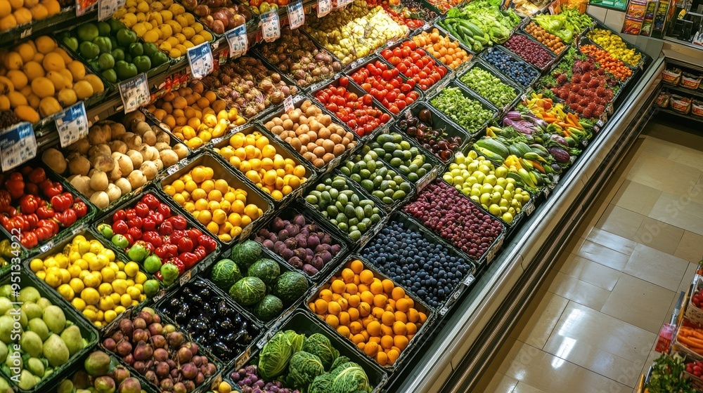 Obraz premium A well-stocked produce section in a modern supermarket, filled with fresh fruits and vegetables, exemplifying health and abundance.