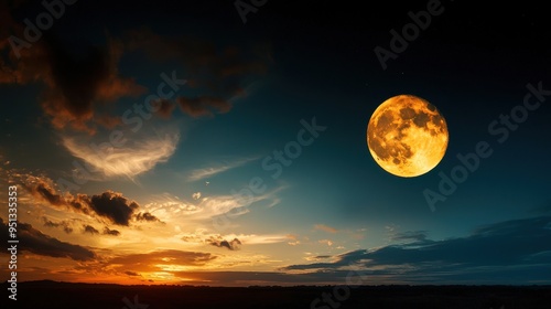 A bright full moon illuminates a partly cloudy night sky, casting a soft, serene glow over the landscape. The clouds are wispy and translucent, allowing the moonlight to filter through.