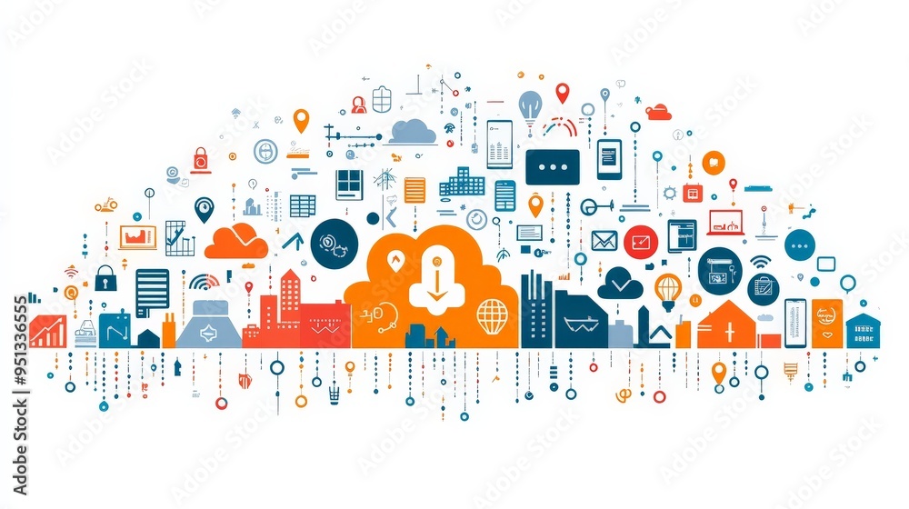 Naklejka premium Cloud Computing: A visual representation of the vast and interconnected world of cloud computing, with icons depicting various aspects of this technology, from data storage and processing to mobile ap