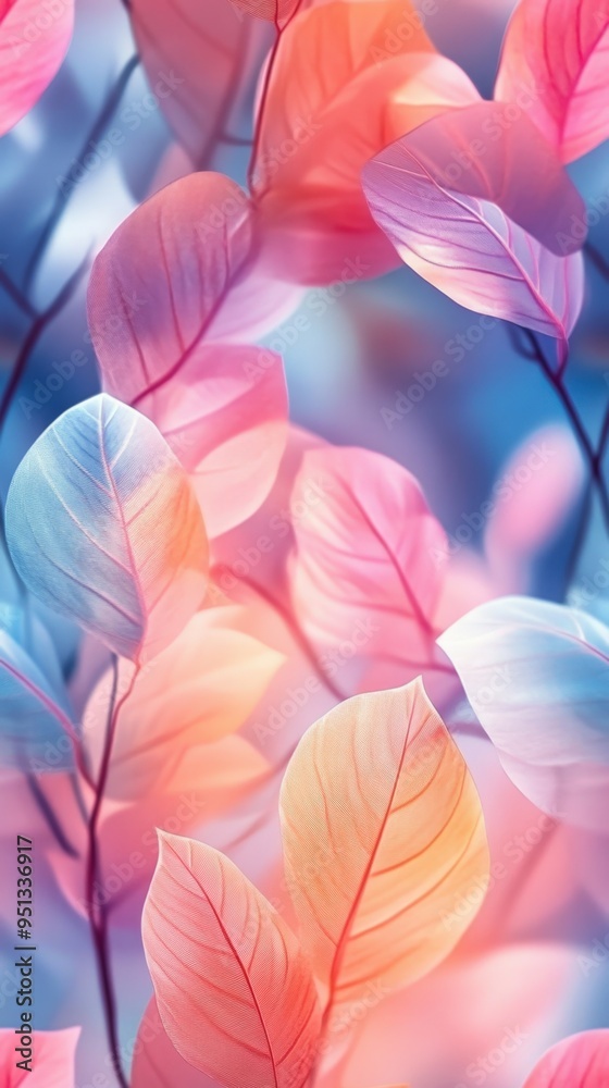 custom made wallpaper toronto digitalVibrant pastel leaves creating a dreamy nature background with soft hues of pink, blue, and purple, perfect for creative and serene designs.