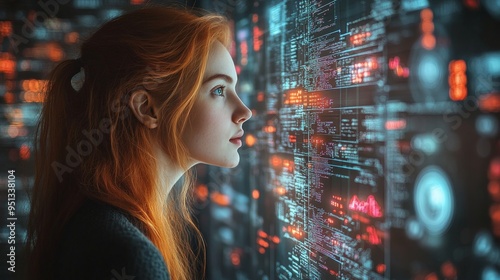 Cyberpunk Enigma: A young woman with fiery red hair gazes intently at a vast digital interface, her profile silhouetted against a mesmerizing backdrop of glowing data streams and futuristic code. The 