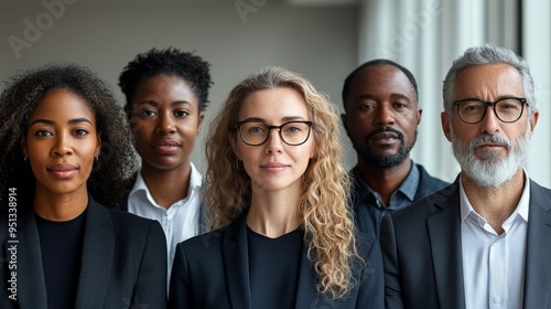 The Face of Modern Leadership: A diverse and confident business team stands united, their serious expressions reflecting professionalism and determination. 