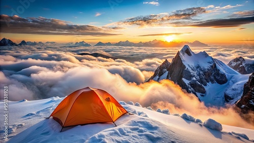 A solitary orange tent on a snowy mountain peak with a beautiful view of surrounding peaks and clouds