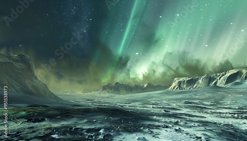 Aurora borealis over snowy mountains in winter