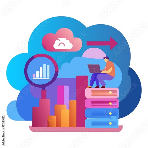 Data analysis and cloud computing concept with servers and users