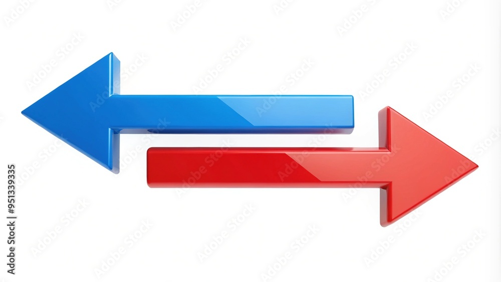 Blue arrows flow upwards, indicating growth and progress, while red arrows point downwards, signaling decay and decline, charting a dynamic balance on a pure white background.