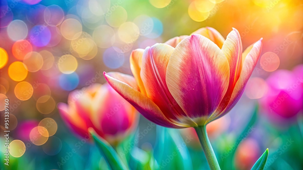 Closeup of a vibrant blooming tulip flower in spring against a soft pastel bokeh background Closeup of a vibrant blooming tulip flower in spring against a soft pastel bokeh background