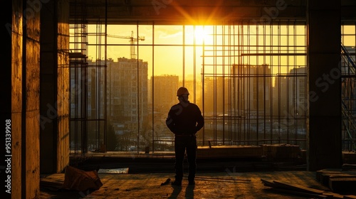 Silhouetted Figure Overlooking the City at Sunset