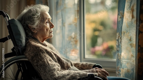 An elderly woman in a wheelchair, looking out at the world from a nursing home, representing loneliness and the passage of time. photo