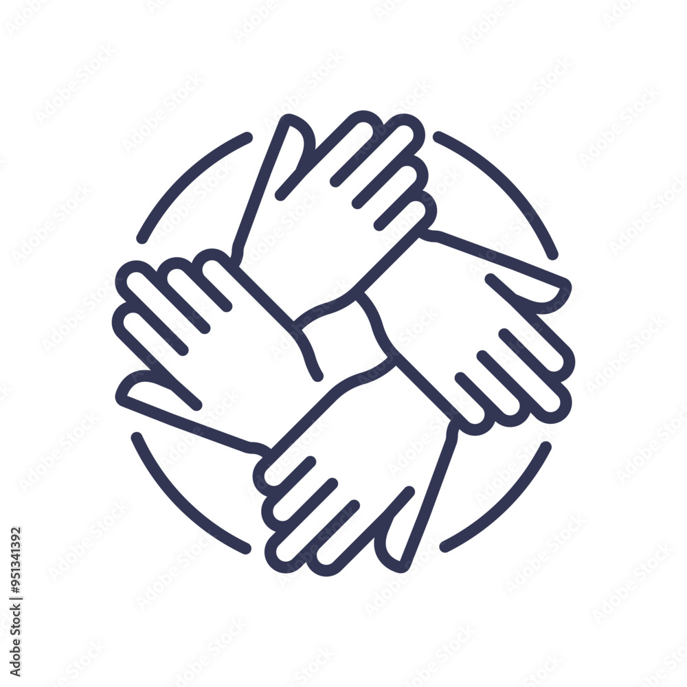 Four hands interlocked in a circle, symbolizing teamwork, unity, and synergy. Four hands interlocked in a circle, symbolizing teamwork, unity, and synergy.