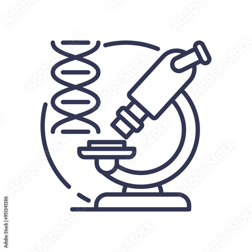 A microscope and DNA helix symbolize scientific exploration and discovery in biology and genetics.