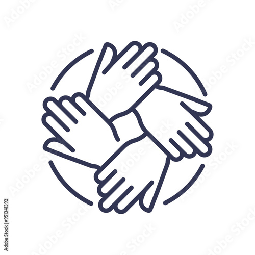 Four hands interlocked in a circle, symbolizing teamwork, unity, and synergy.