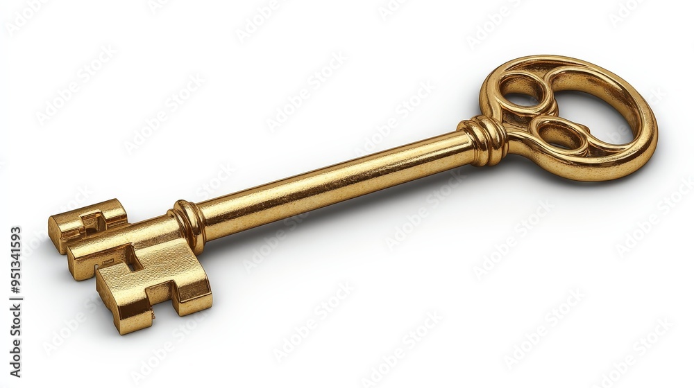 Golden Key to Success: A gleaming, ornate gold key lies on a white background, symbolizing opportunity, achievement, and the unlocking of potential. Golden Key to Success: A gleaming, ornate gold key lies on a white background, symbolizing opportunity, achievement, and the unlocking of potential.