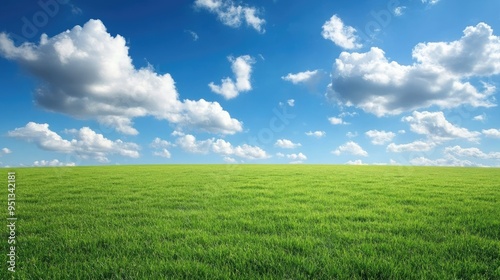 An empty green field with a backdrop of a beautiful sky and soft clouds, symbolizing tranquility and natural beauty