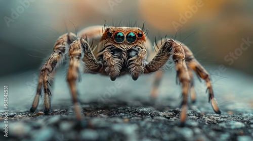 A close-up photograph of a spider sitting on a rock with a blurred background,
