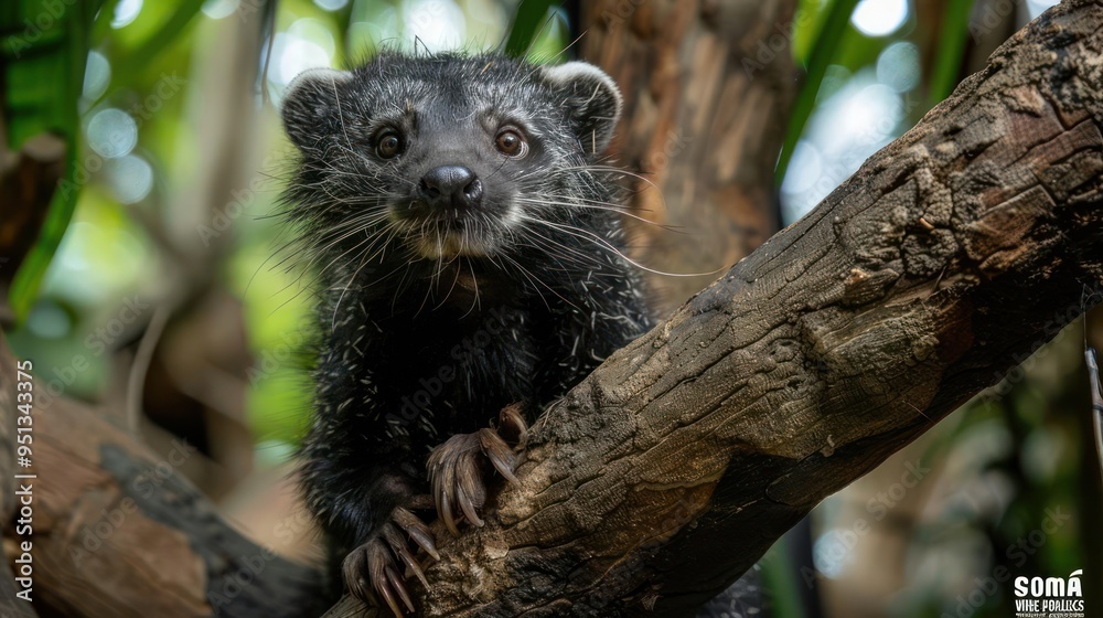features a close-up of a small black badger sitting on a tree branch. features a close-up of a small black badger sitting on a tree branch.