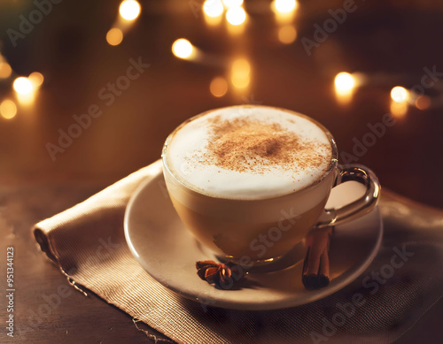 Cozy Cinnamon Cappuccino: A steaming cup of cappuccino topped with cinnamon sits on a rustic table, illuminated by warm, festive lights. The image evokes a sense of comfort, warmth, and indulgence.