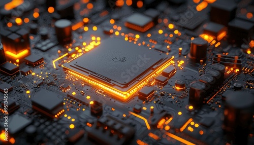 Close-up of a glowing CPU on a circuit board photo