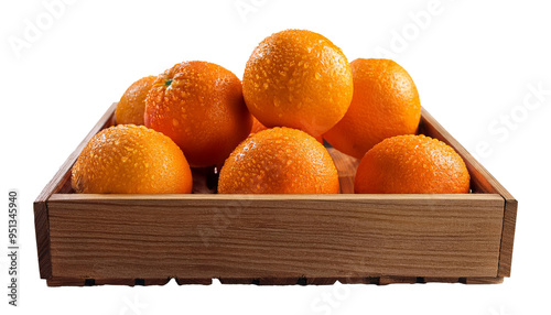 Oranges in a wooden box isolated on white, AI generative.